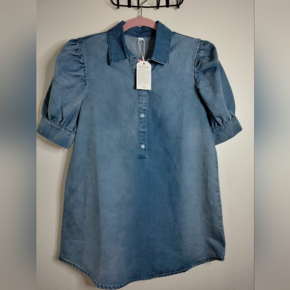 Made with Love (Size S) Oversized Button Collar Puff SS Chambray Tunic (NEW-NWT)